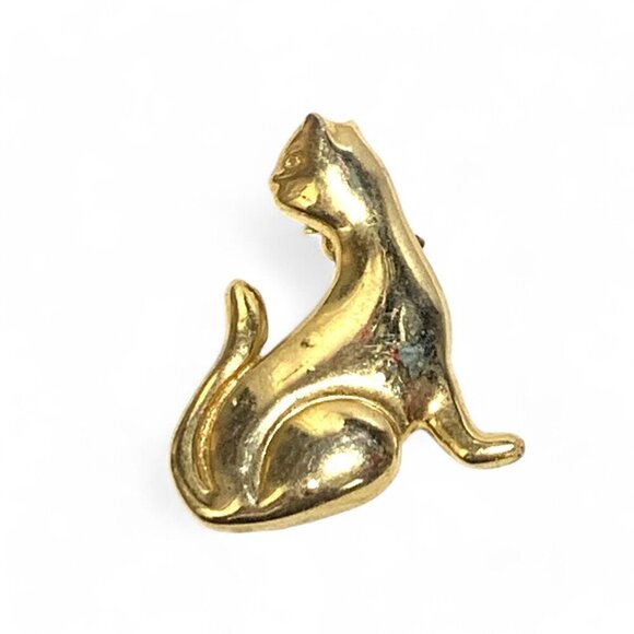 Vintage Gold Tone Cat Brooch Seated Cat Seen In Profile View 3" - Picture 3 of 3